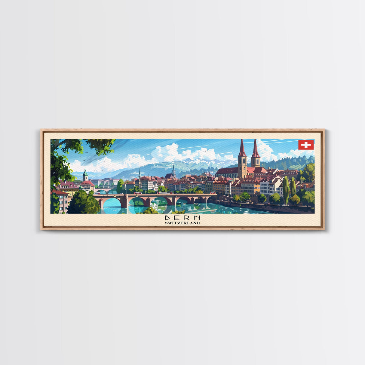 Bern Switzerland Travel Art, City Art, Framed Canvas Print or Metal Wall Art, Europe Travel Poster, Panoramic Wall Art, Extra Wide Wall Art