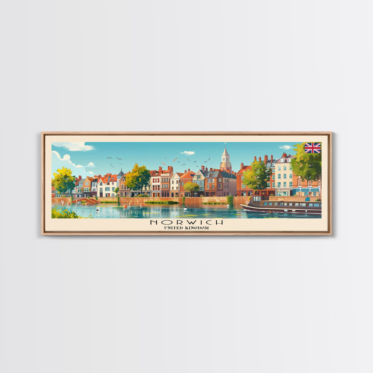 Norwich United Kingdom Panoramic Travel Poster, Framed Canvas Print or Metal Wall Art, Travel Art, Home Decor, Panoramic Painting, Midcentury Art