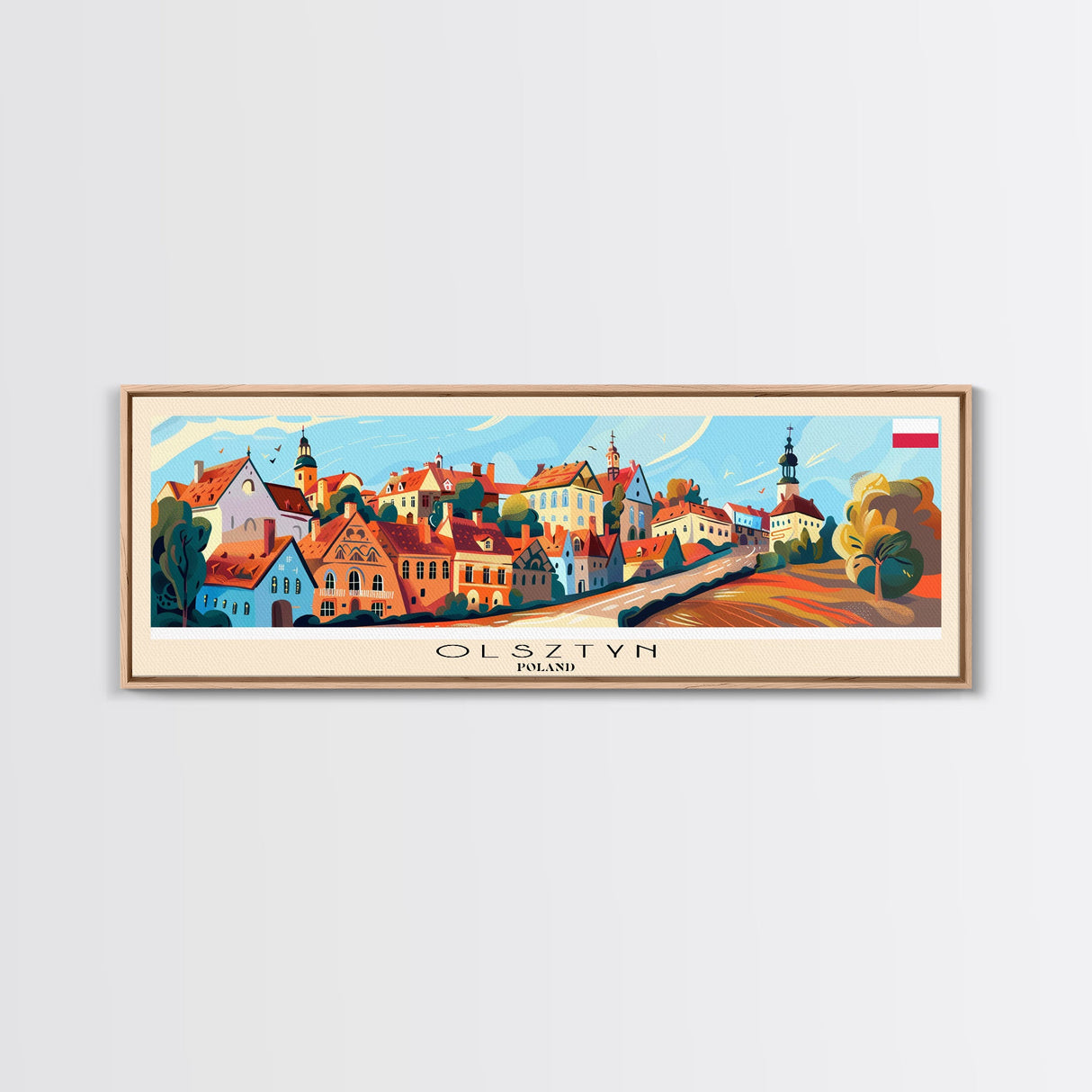 Olsztyn Poland Panoramic Travel Poster, Framed Canvas Print or Metal Wall Art, Travel Art, Home Decor, Panoramic Painting, Midcentury Art