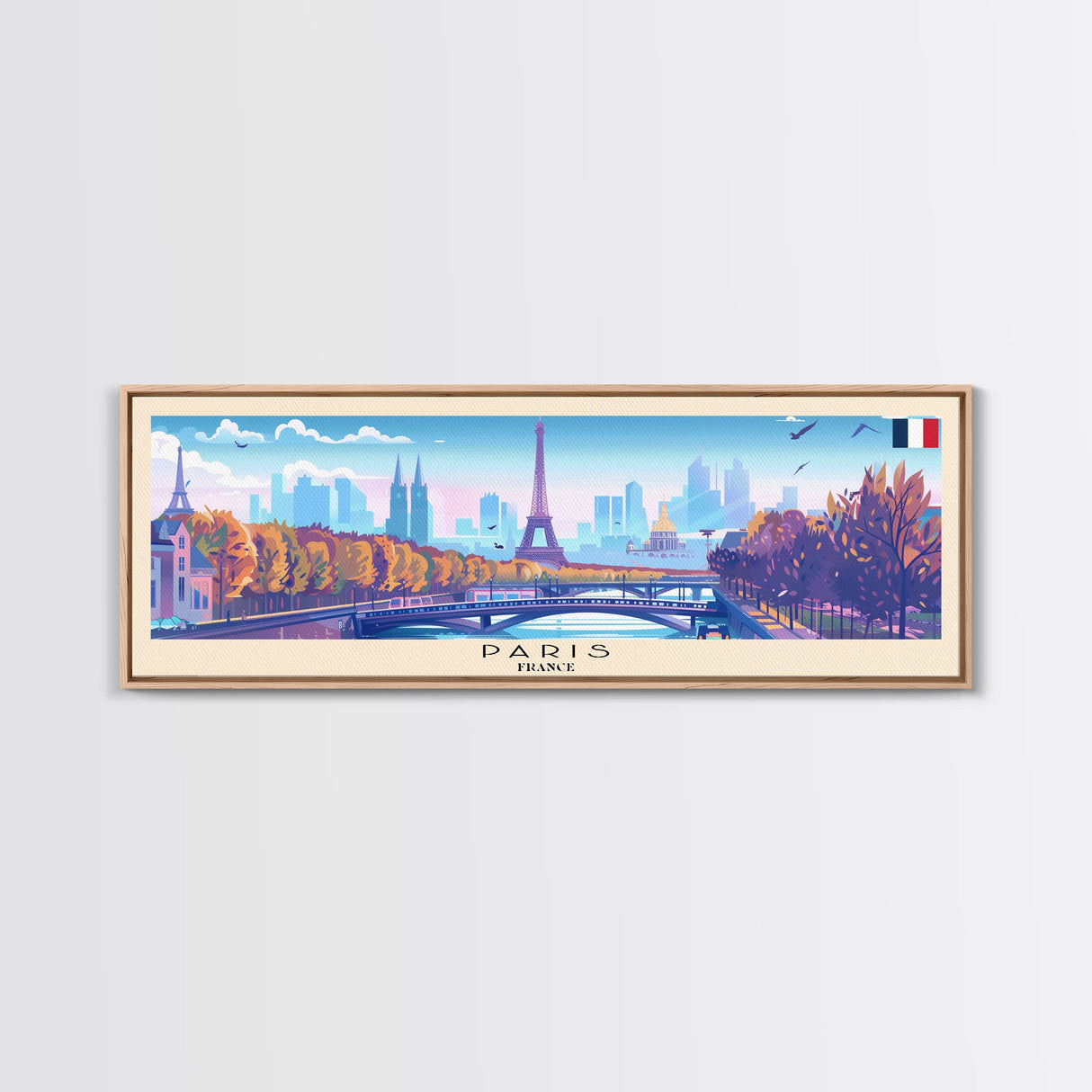 Paris France Panoramic Travel Poster, Framed Canvas Print or Metal Wall Art, Travel Art, Home Decor, Panoramic Painting, Midcentury Art