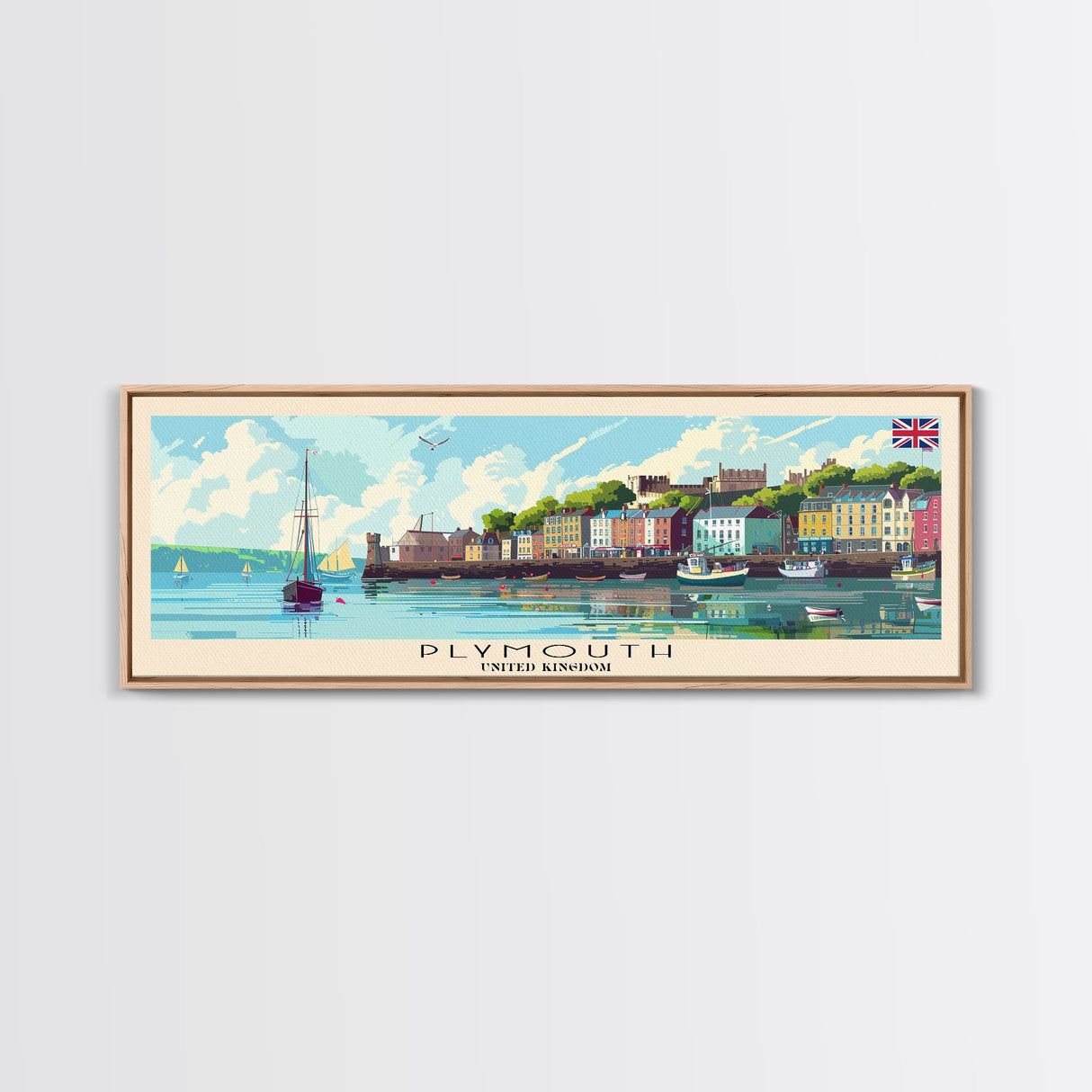 Plymouth United Kingdom Panoramic Travel Poster, Framed Canvas Print or Metal Wall Art, Travel Art, Home Decor, Panoramic Painting, Midcentury Art