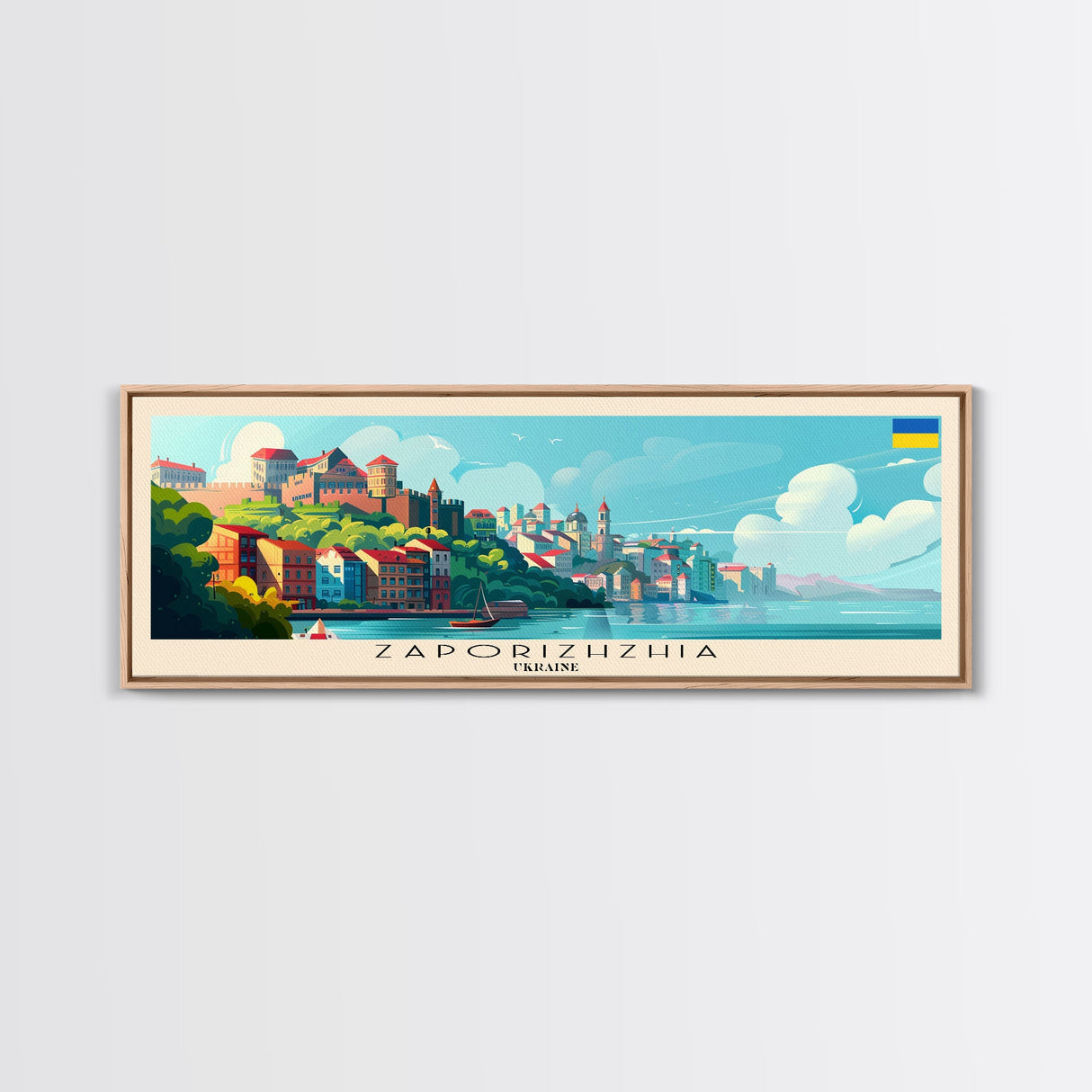 Zaporizhzhia Ukraine Panoramic Travel Poster, Framed Canvas Print or Metal Wall Art, Travel Art, Home Decor, Panoramic Painting, Midcentury Art