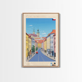 České Budějovice Czech Republic Travel Poster Framed Canvas Print, Midcentury Modern Art, Pop Art Decor, Living Room Wall Art