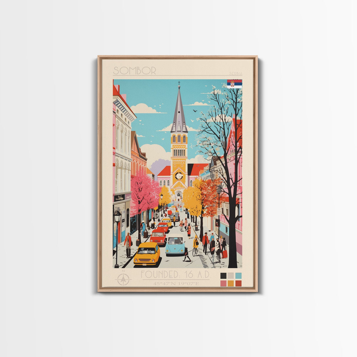 Sombor Serbia Travel Poster Framed Canvas Print, Midcentury Modern Art, Pop Art Wall Decor, Scenic Wall Art, Office Decoration