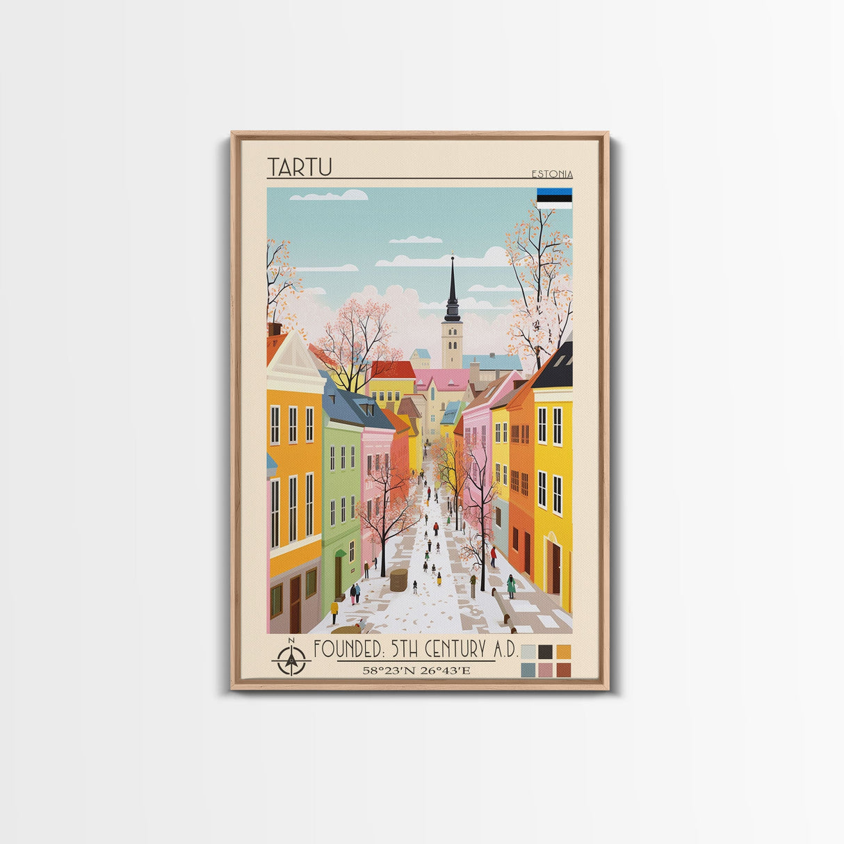 Tartu Estonia Travel Poster Framed Canvas Print, Midcentury Modern Art, Pop Art Wall Decor, Living Room Art, Home Decoration