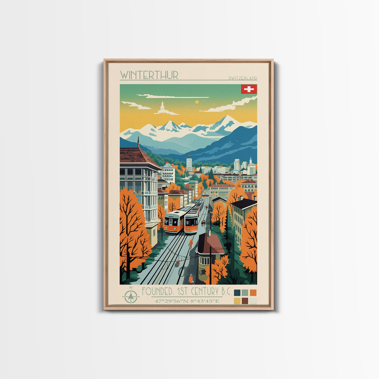 Winterthur Switzerland Travel Poster Framed Canvas Print, Midcentury Modern Art, Pop Art Wall Decor, Living Room Art, Scenic Wall Art