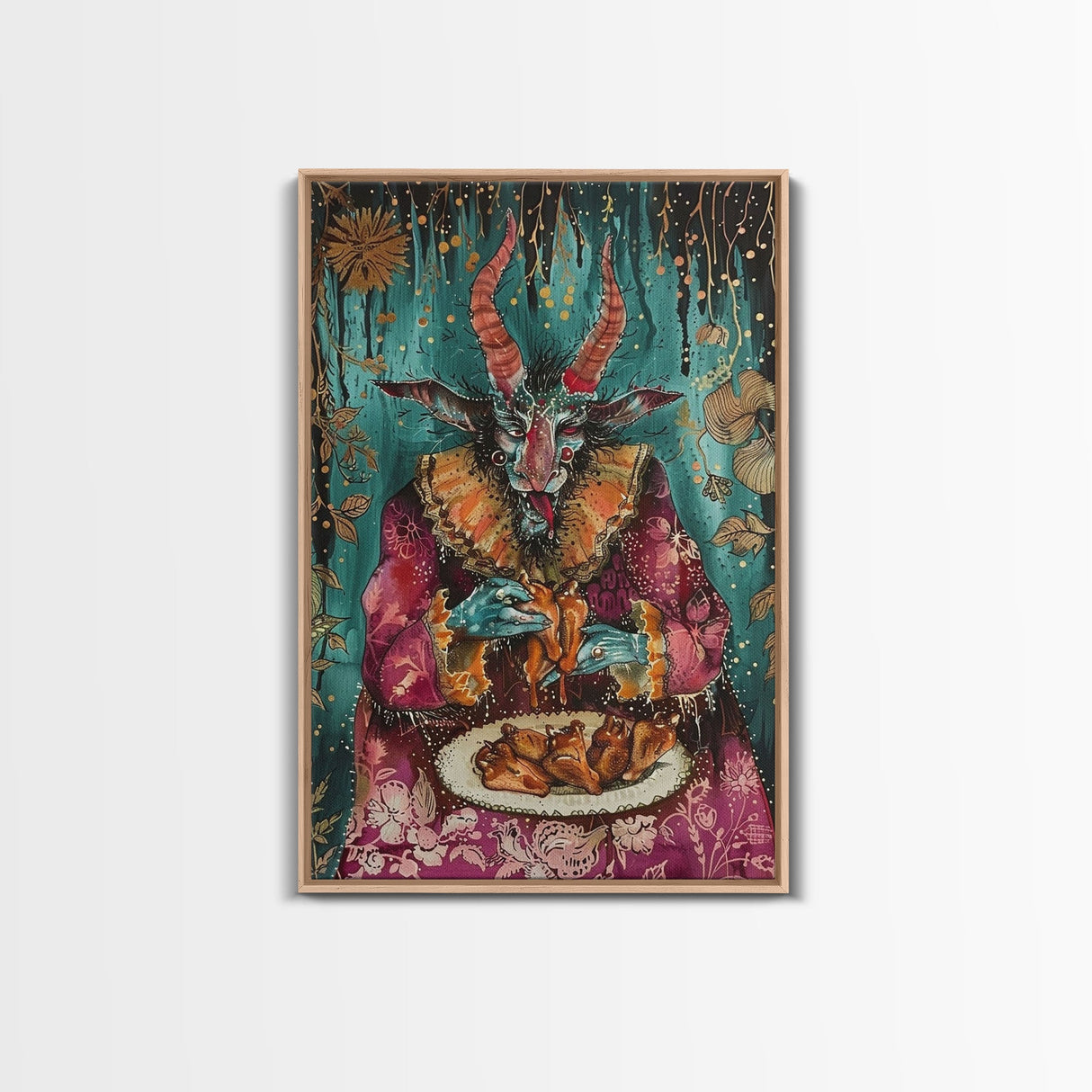 A demon eating some hot wings - hope he didn't sell his soul for them they look pretty good! Halloween Wall Art Framed Canvas