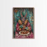 A demon eating some hot wings - hope he didn't sell his soul for them they look pretty good! Halloween Wall Art Framed Canvas