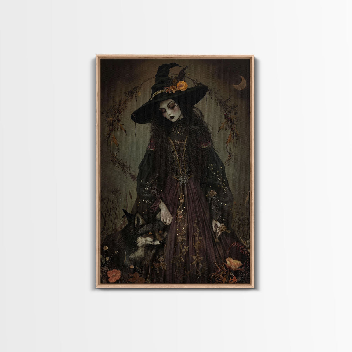 Witch and Fox Framed Canvas Print, Melancholic Witch Painting, Halloween Decor, Witchy Art, Spooky Vibes, Moody Decor