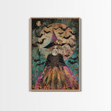 Whimsical Witch with Bats Under Full Moon, Framed Canvas Print, Spooky Halloween Art, Witch Decor, Magical Night, Enchanted Home Decor