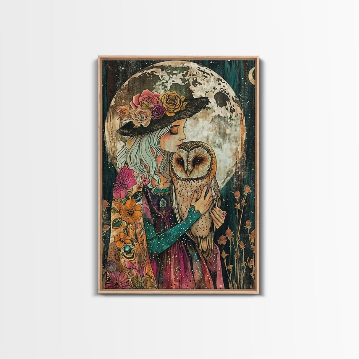 Witch Holding Owl Under Full Moon Glow - Enchanting Halloween Night Framed Canvas Print, Spooky Gothic Home Decor