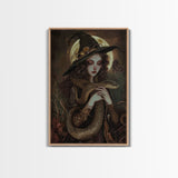 Witch Holding Snake under Full Moon - Dark Forest Sorcery Gothic Art Framed Canvas Print, Halloween Witchy Decor