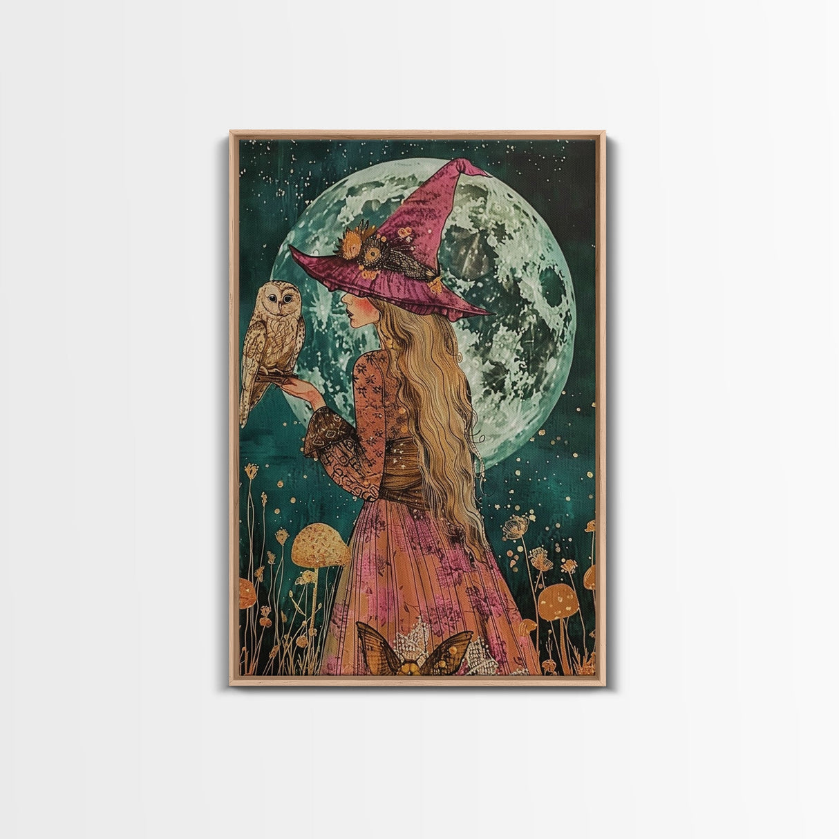 Witch in Purple Hat with Owl - Moonlit Enchantment Mystical Beauty Framed Canvas Print, Halloween Witch Decor