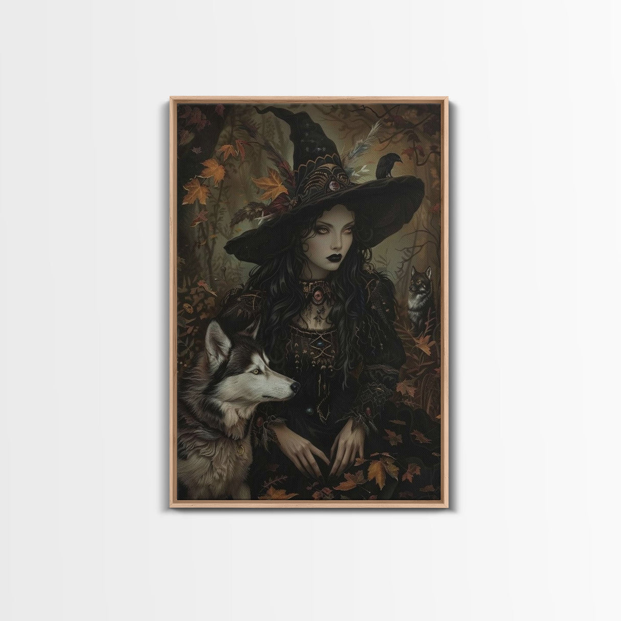 Witch with Wolves in Enchanted Forest - Dark Sorcery Mystical Art Framed Canvas Print, Halloween Gothic Decor