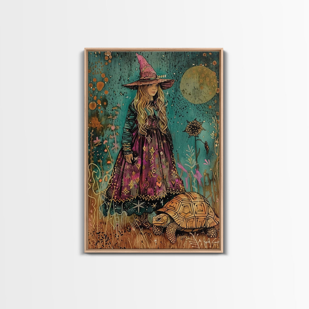 Witch With Tortoise Canvas Print - Halloween Art, Spooky Home Decor, Witch Wall Art, Witch Painting, Halloween Decor, Framed Canvas Print