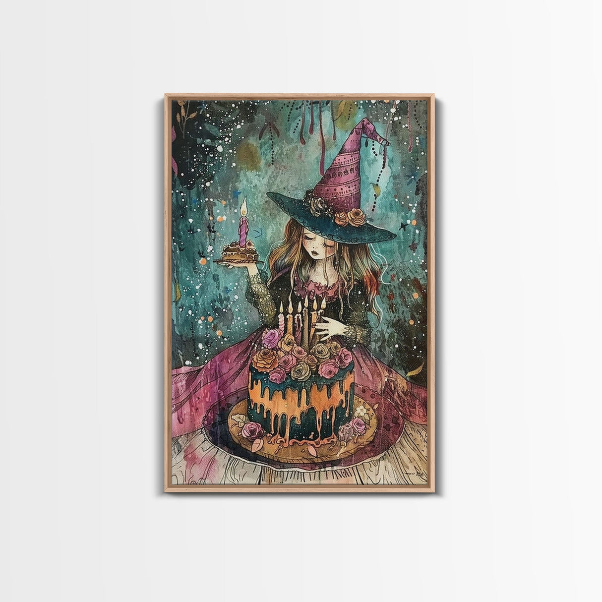 Witchy Birthday Party For One, Framed Canvas Print, Melancholy Witch Halloween Art