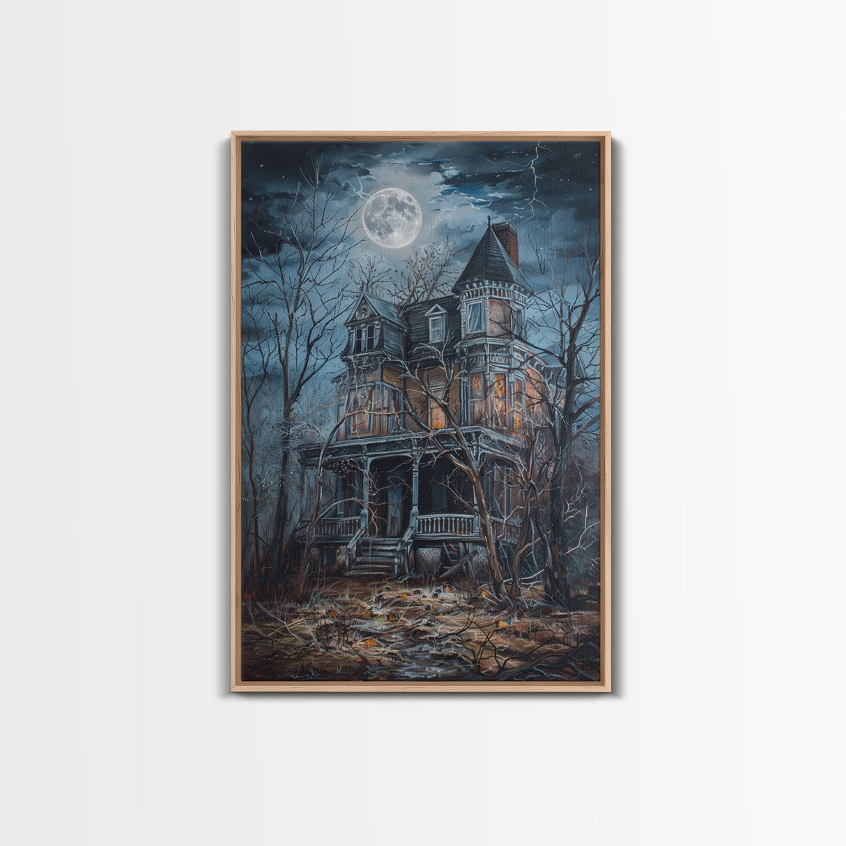 Abandoned House Under Moon Full Halloween Art, Spooky Mansion, Haunted Home, Creepy Decor, Gothic Artwork, Framed Canvas Print