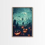 Bats and Jack-O-Lanterns Framed Canvas Print, Halloween Wall Art, Haunted Graveyard, Home Decor, Spooky Art, Living Room Decor, Gothic Art