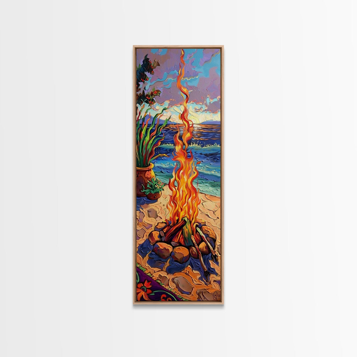 Abstract Canvas Painting of Campfire on Beach, Beachy Wall Art, Tall and Narrow Vertical Wall Art, Canvas Painting Printed and Framed