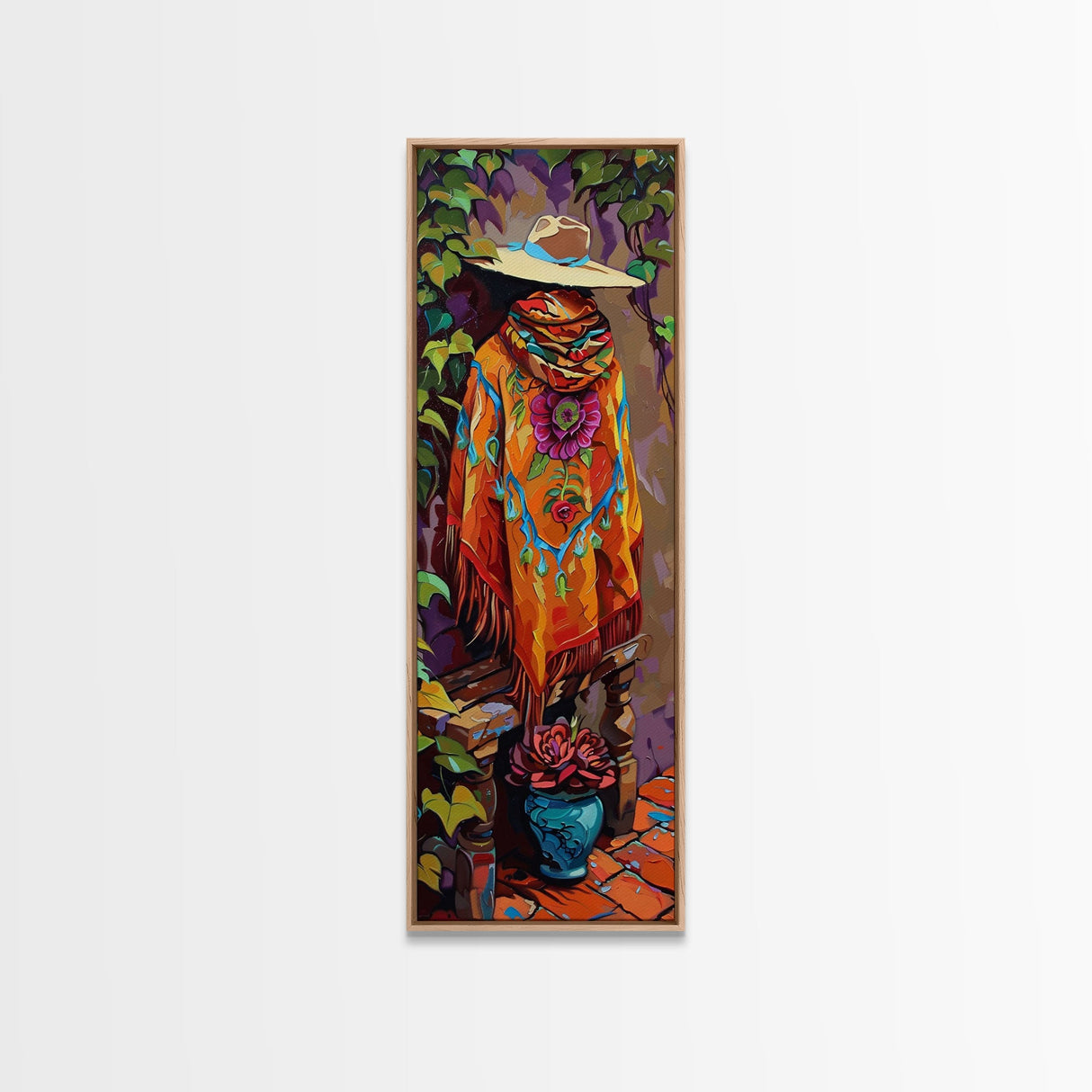 Abstract Southwest Mexican Inspired Framed Oversized Vertical Art Print, Jalisco Style Canvas Painting Framed, Colorful Rustic Spanish Art