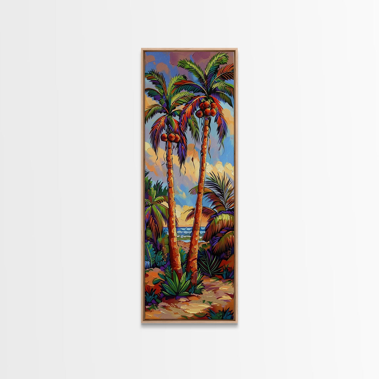 Abstract Canvas Painting of Beach Landscape, Palm Tree Art Print, Tall and Narrow Canvas Art of Ocean, Beachy Wall Art for Living Room