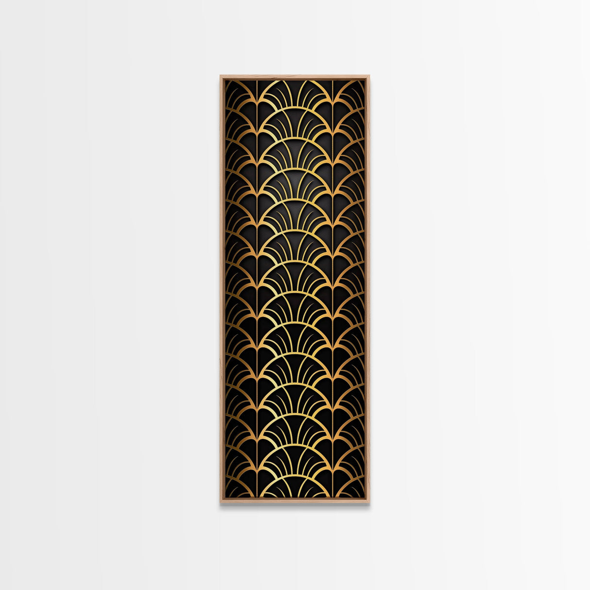 Abstract Gold Geometric Pattern on Black Background - Framed Canvas Print, Art Deco Style, Skinny Art, Tall Art, Midcentury Modern Art, Living Room Wall Decor