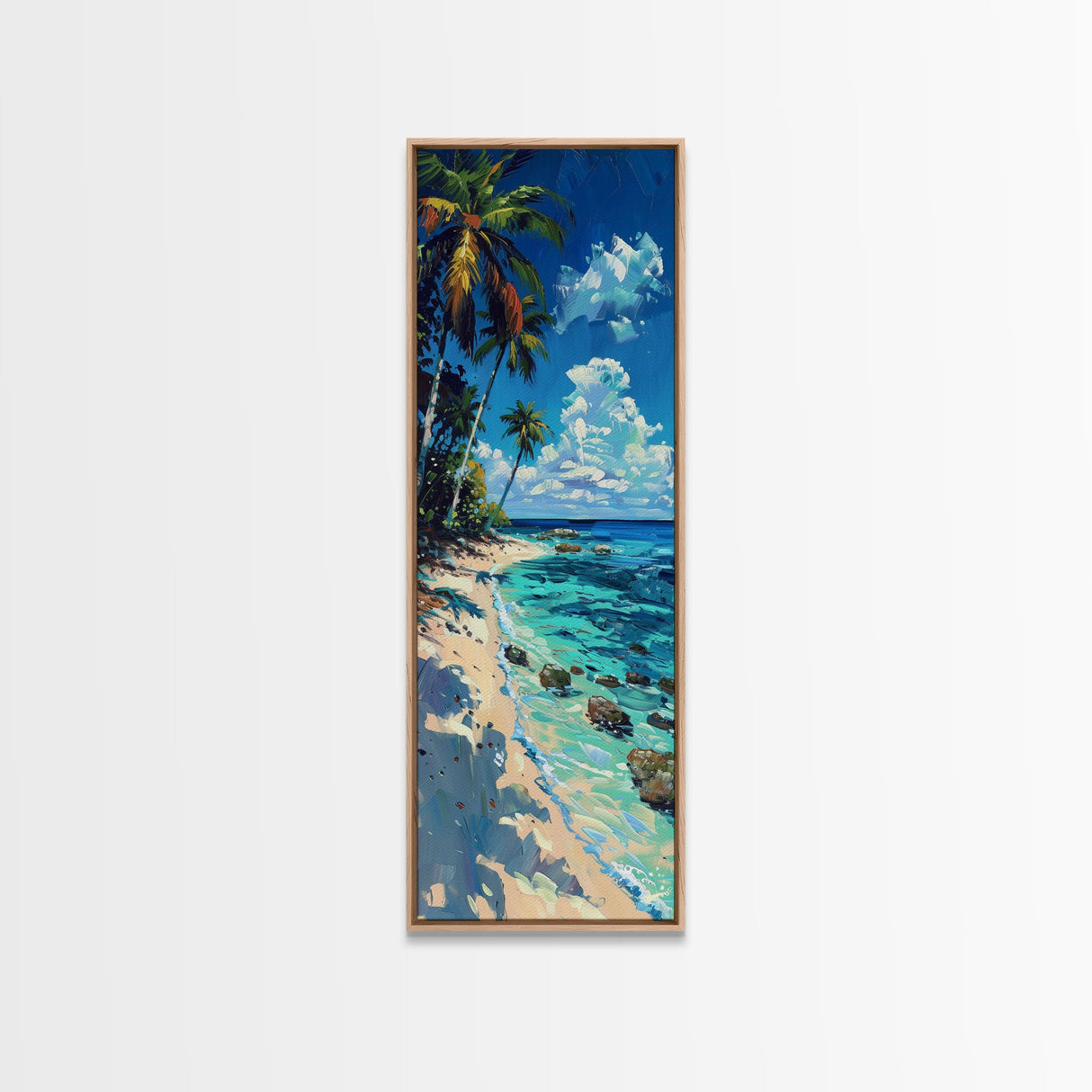 Tropical Beach Scene With Palm Trees Skinny Art Framed Canvas Print For Living Room Or Bedroom Wall Art