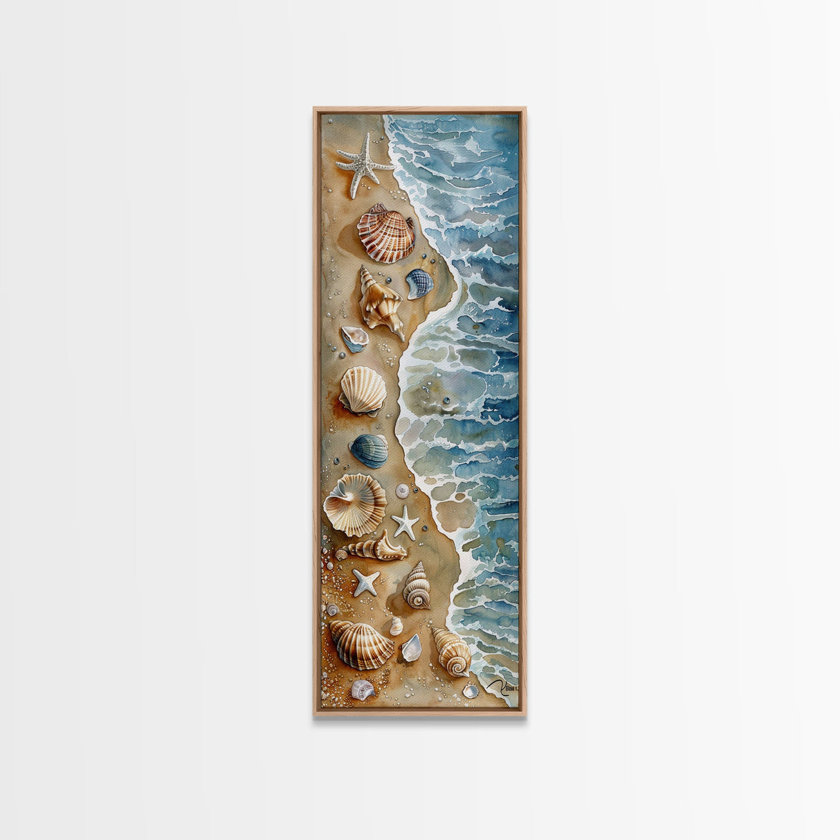 Seashells and Starfish Beach Art - Framed Canvas Print, Skinny Tall Art, Coastal Wall Art, Living Room Decor, Bedroom Art, Seashell Painting