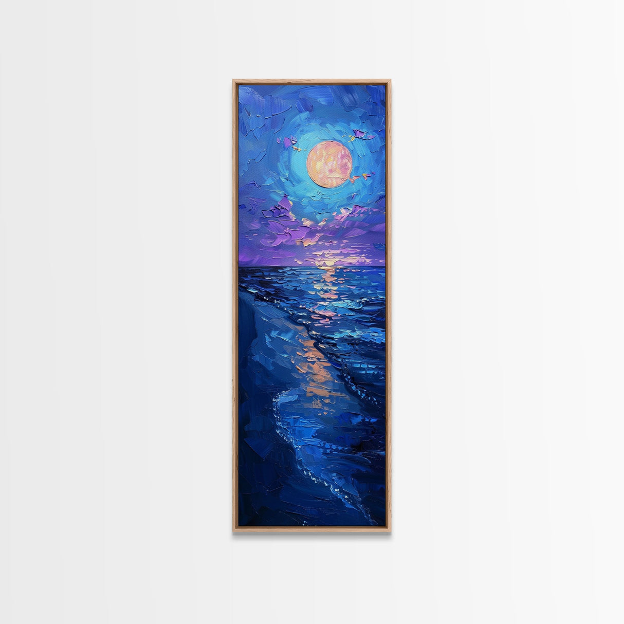 Vibrant Night Sky Over the Ocean with Full Moon, Skinny and Tall Art, Bold and Colorful Framed Canvas Print, Landscape Wall Art