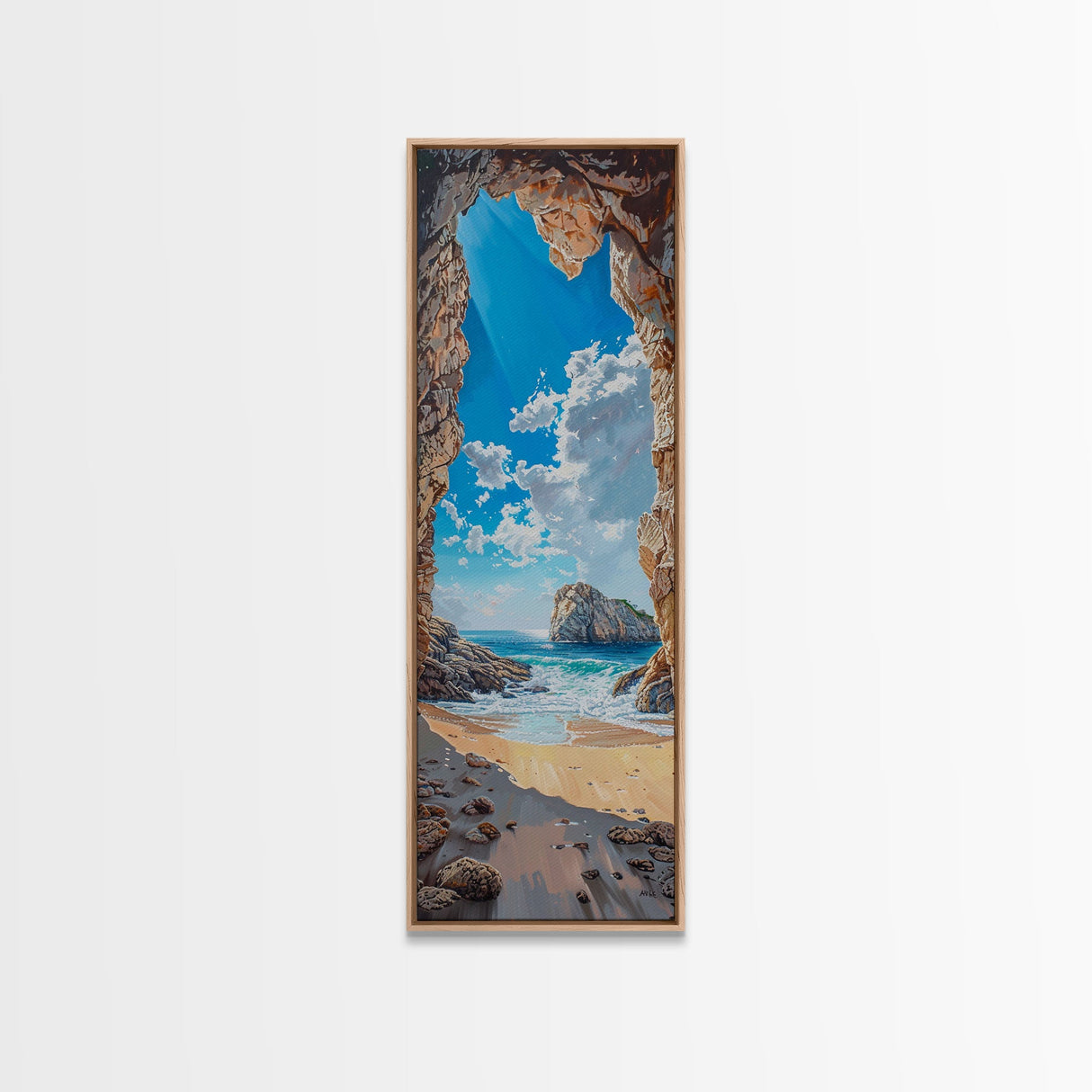 Framed Canvas Print Skinny Art of a Sunlit Beach Scene Framed by Rocky Cliffs, Overlooking a Crystal Blue Sea Under a Clear Sky, Perfect Tall Coastal Art