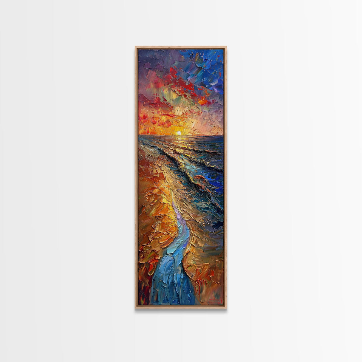 Framed Canvas Print Skinny Art of a Vibrant Sunset Over a Rolling Ocean with Dramatic Colors in the Sky and Water, Ideal Tall Art for Modern Spaces