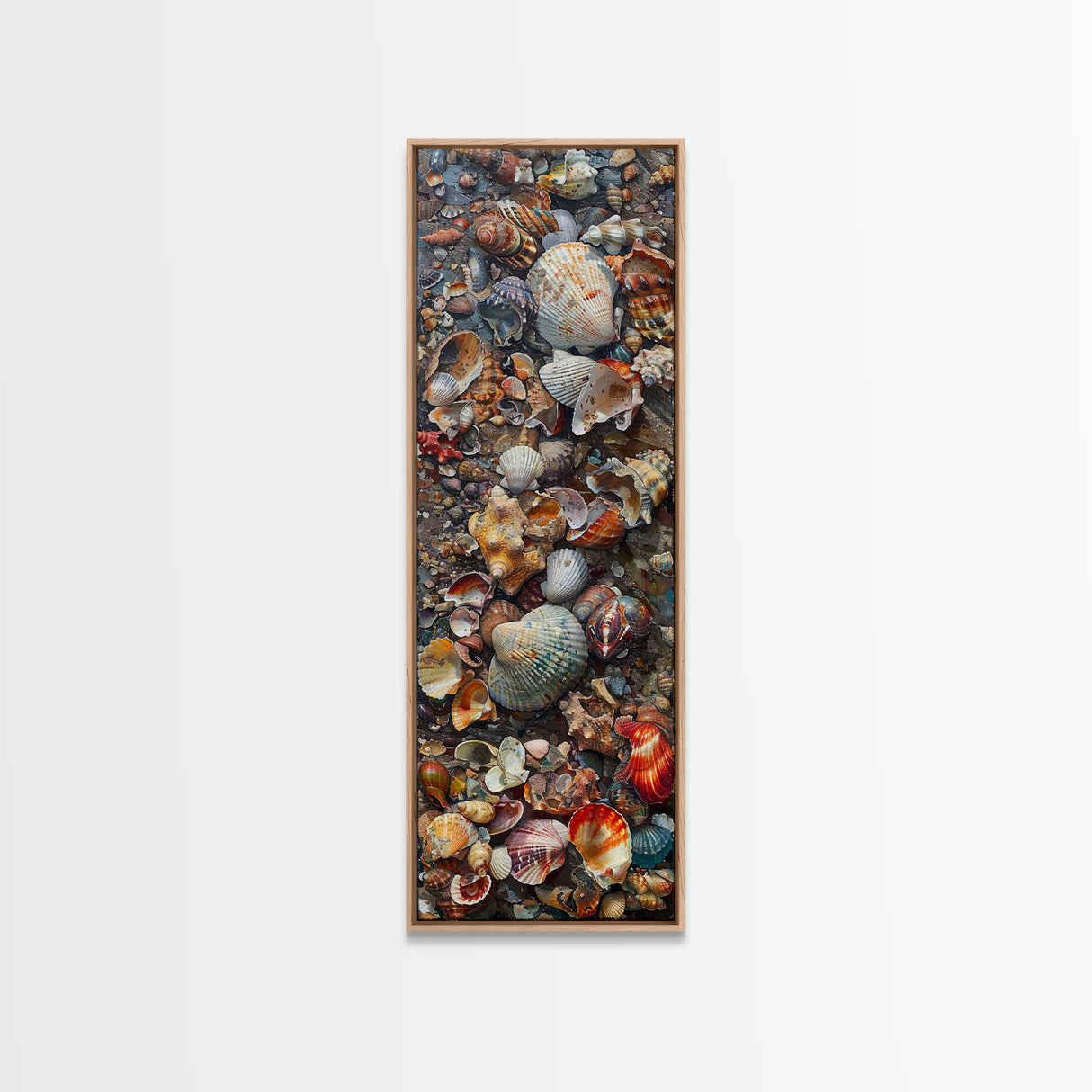 Framed Canvas Print Skinny Art of a Variety of Colorful Seashells Arranged in a Textured Pattern, Perfect Tall Art for Beach Themed Rooms