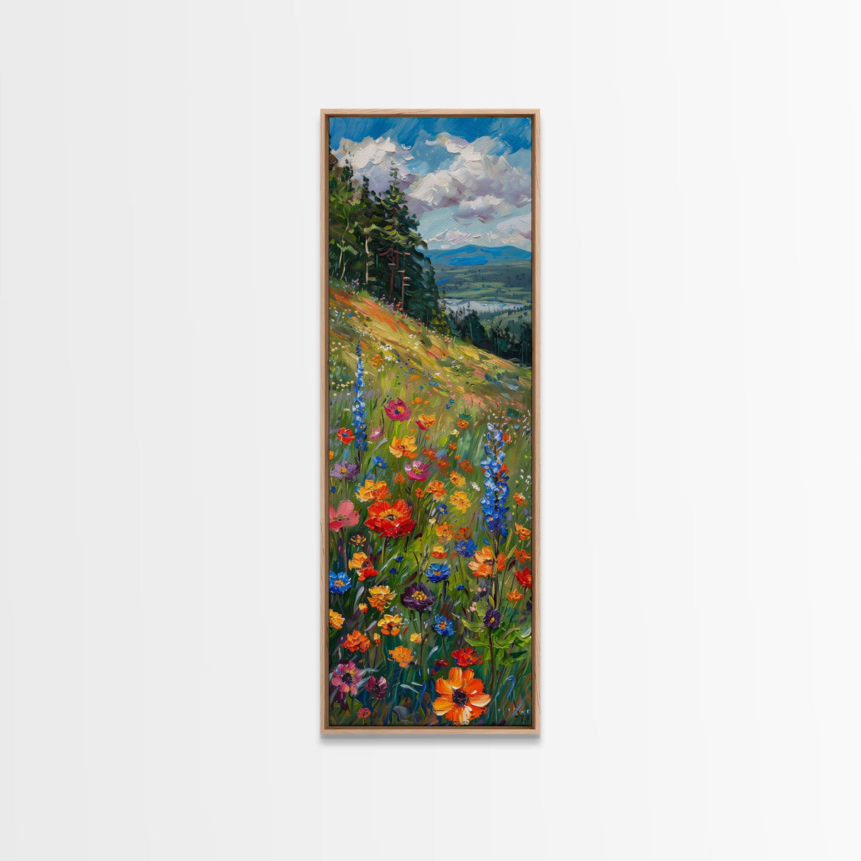 Wildflowers In Bloom, Framed Canvas Print, Skinny Panoramic Landscape Painting, Beautiful Wall Art, Gift Idea For Her, Housewarming