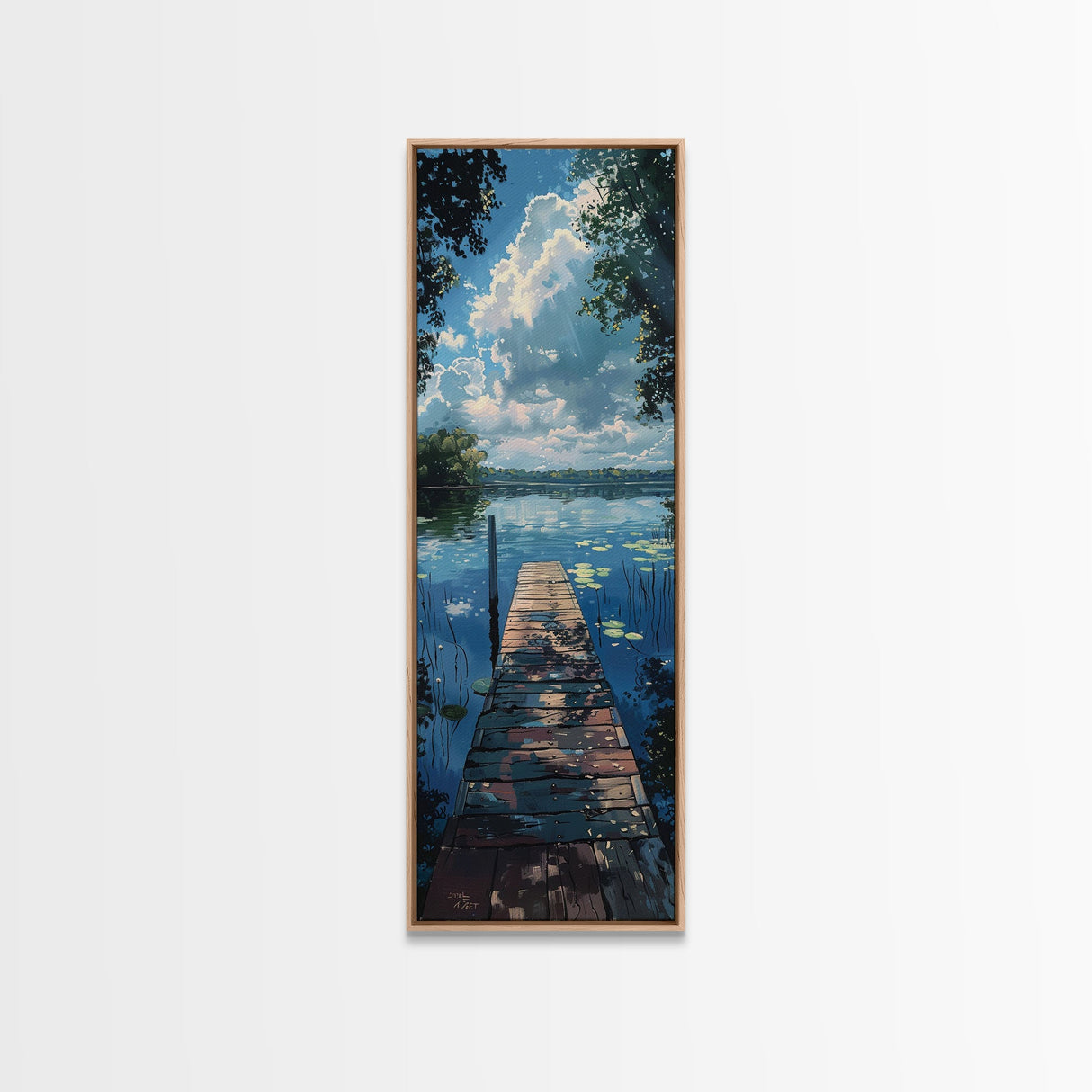 Lake Life, Framed Canvas Print, Summer At The Lake, Dock and Lilly Pads, Skinny Tall Panoramic Landscape Painting, Living Room Art