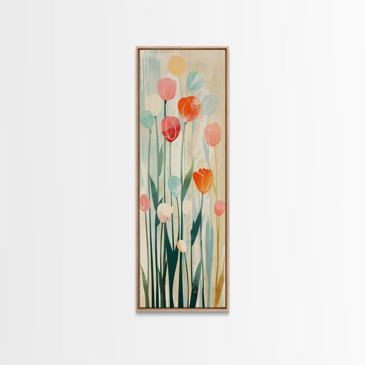 Abstract Tulips, Pastel Colors, Japanese Art, Skinny Art, Tall Art, Framed Canvas Print, Ukiyo-e Style