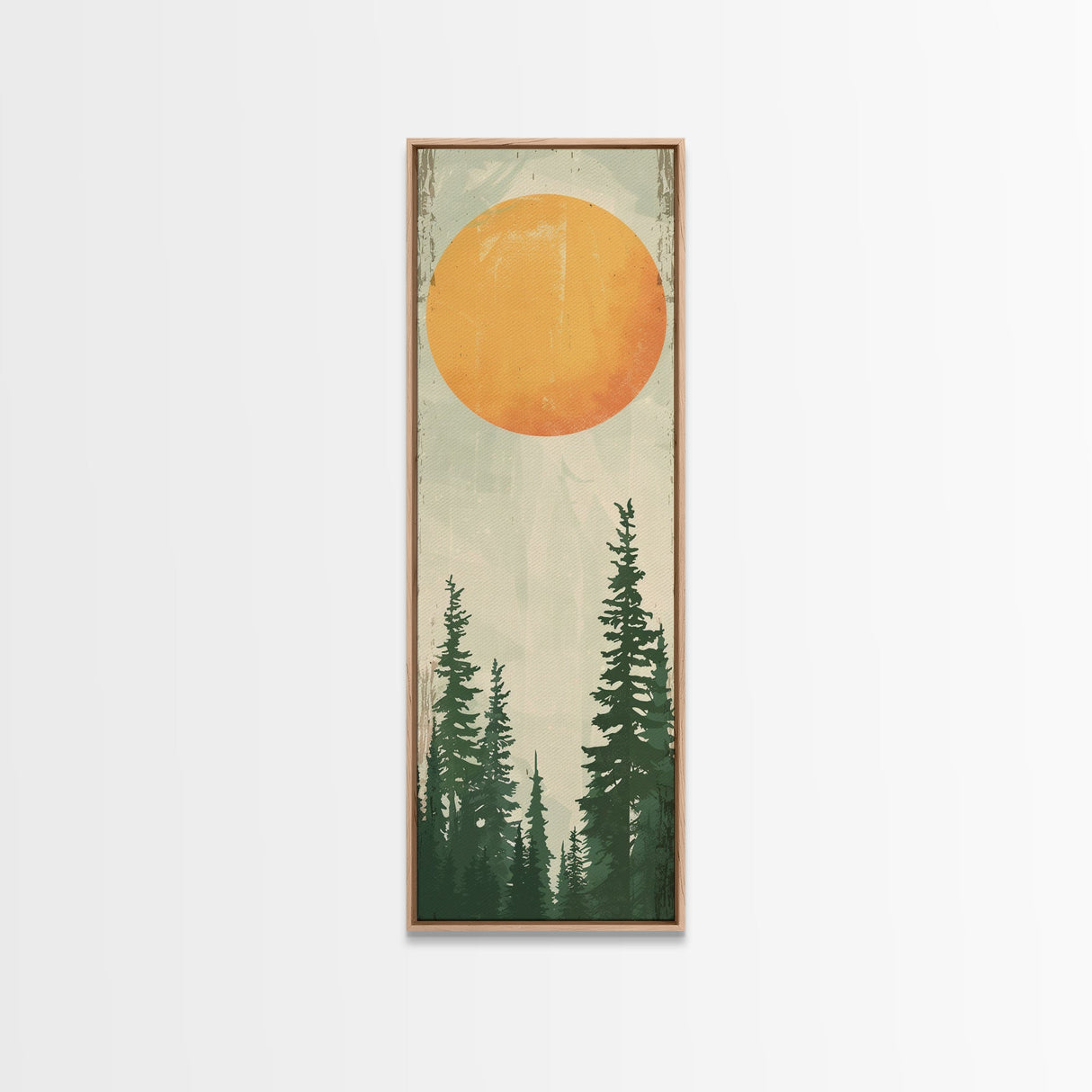 Abstract Sun Over Forest Silhouette Earth Tones Skinny Art Tall Art Framed Canvas Print Japanese Style Art Ukiyo-e Art Wood Block Print Minimalist