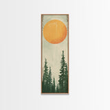 Abstract Sun Over Forest Silhouette Earth Tones Skinny Art Tall Art Framed Canvas Print Japanese Style Art Ukiyo-e Art Wood Block Print Minimalist