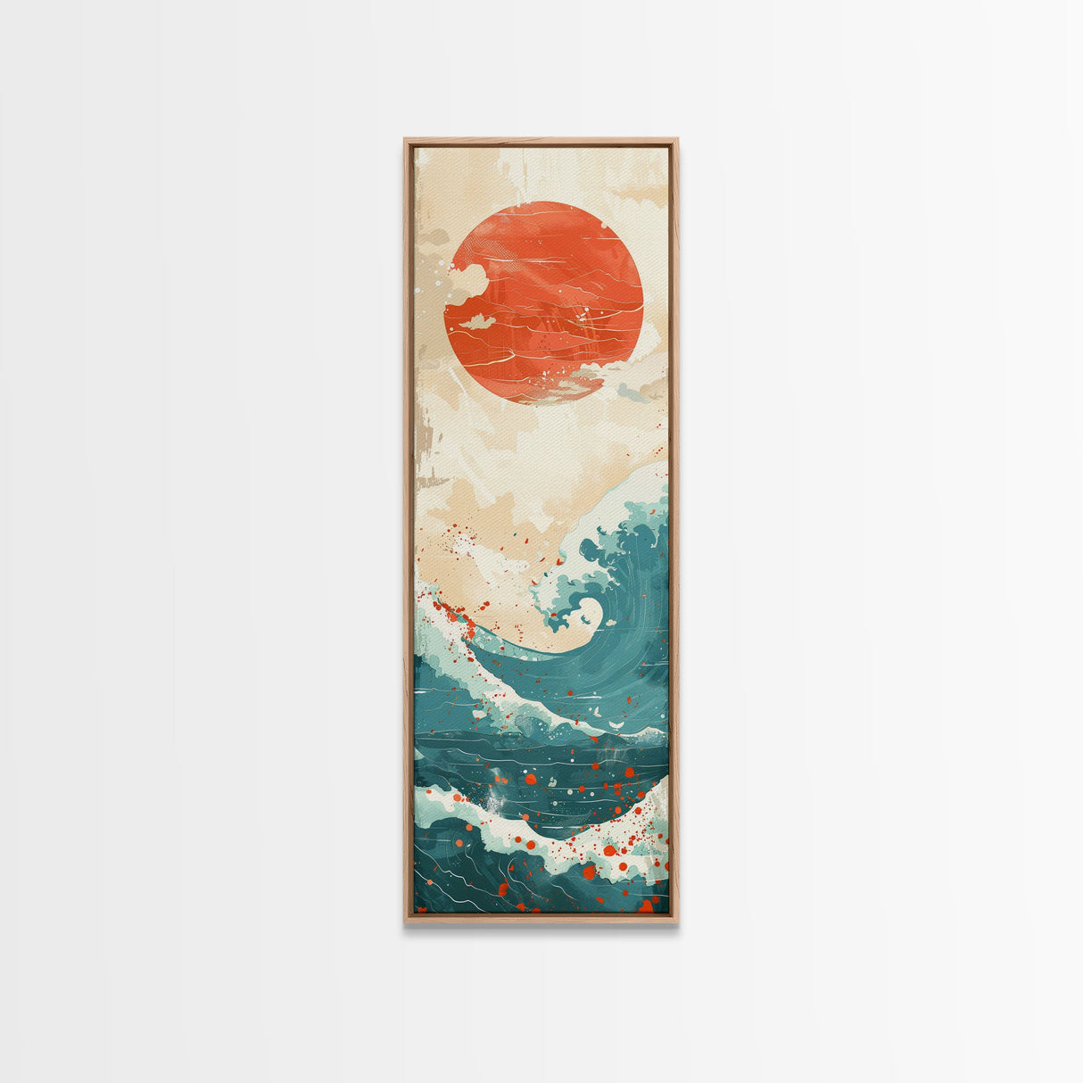 Red Sun and Ocean Waves Skinny Wall Art Framed Canvas Print in Cream and Teal Tones with Red Splashes Japanese Art