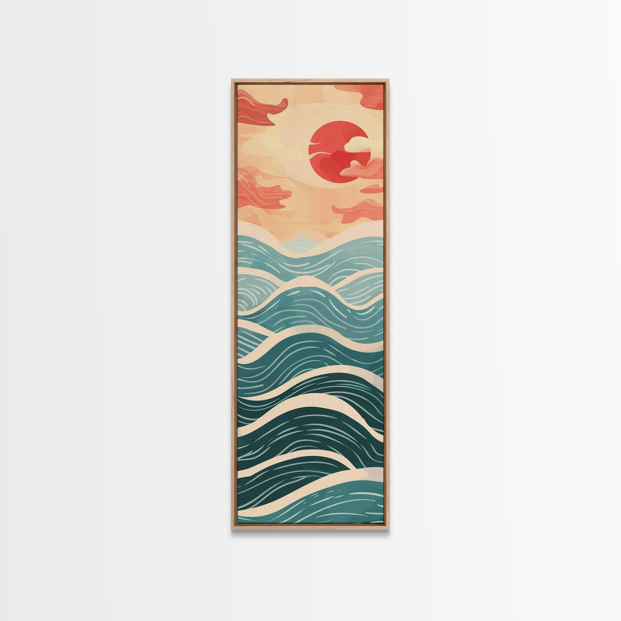 Ocean Waves and Red Sun Japanese Art Skinny Wall Art Framed Canvas Print in Minimalist Style with Dynamic Flowing Waves