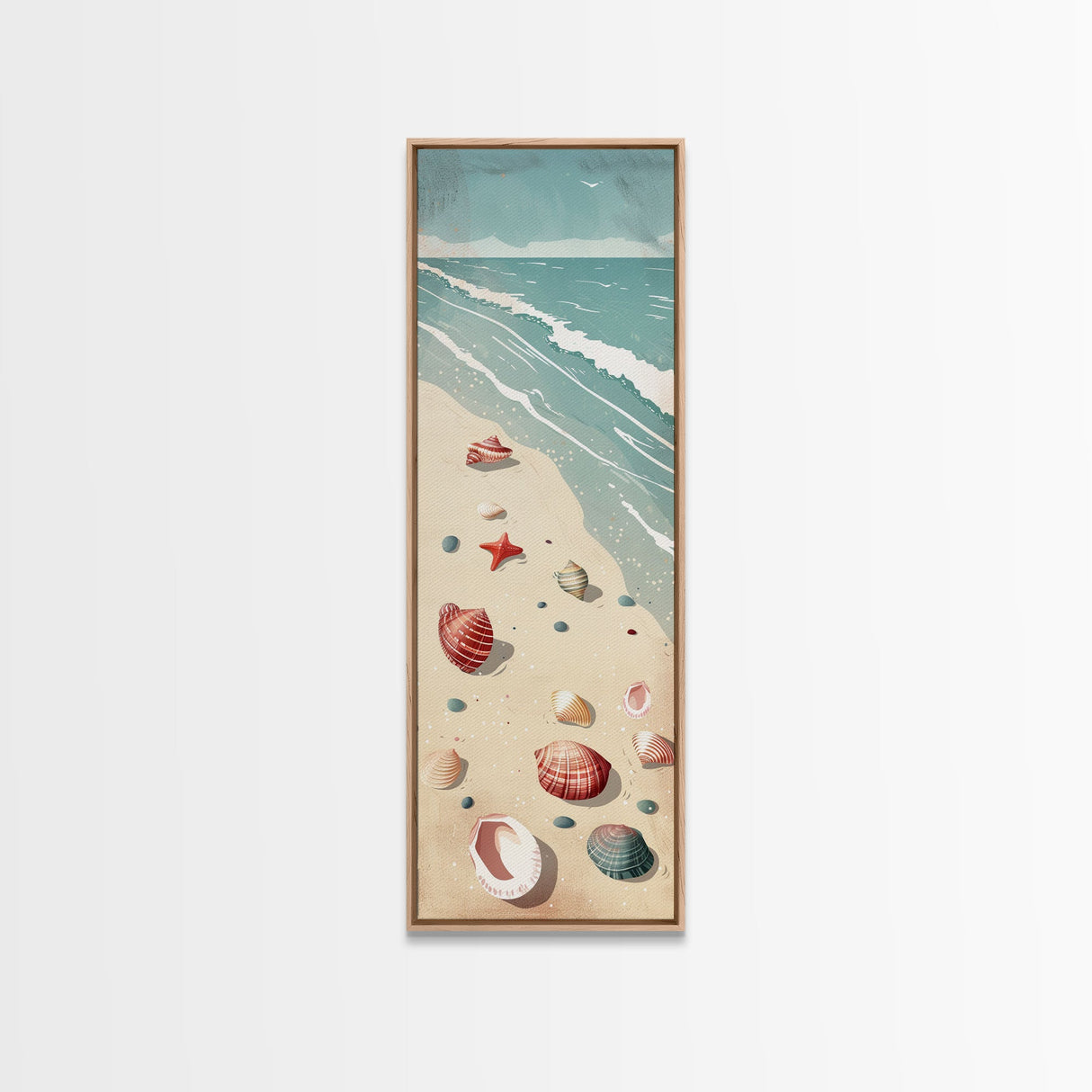 Japanese Style Art Featuring A Serene Beach Scene With Seashells And Gentle Waves, Skinny Art, Tall Art, Ukiyo-e Art, Framed Canvas Print, Wood Block Print