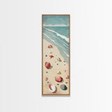 Japanese Style Art Featuring A Serene Beach Scene With Seashells And Gentle Waves, Skinny Art, Tall Art, Ukiyo-e Art, Framed Canvas Print, Wood Block Print