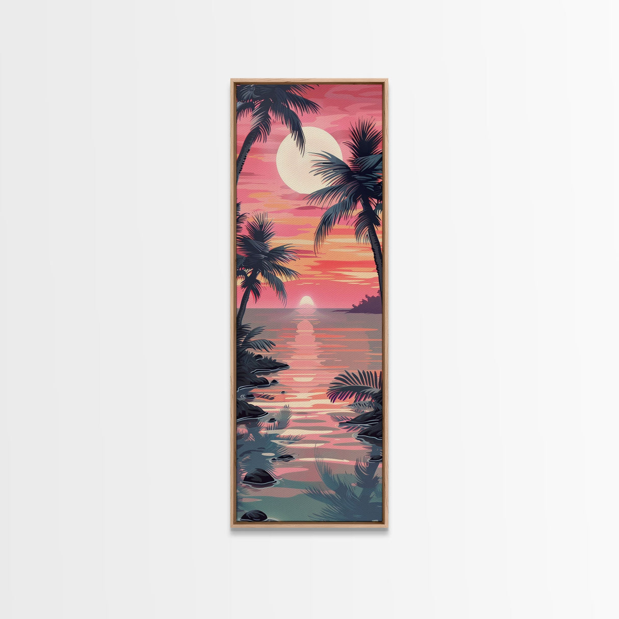 Serene Sunset With Palm Trees And Tranquil Ocean Reflection Ukiyo-e Wood Block Tall Skinny Art Framed Canvas Print