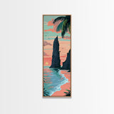 Towering Coastal Rock Formation During Sunset With Palm Trees For Serene Beach Wall Art Japanese Style Framed Canvas Print