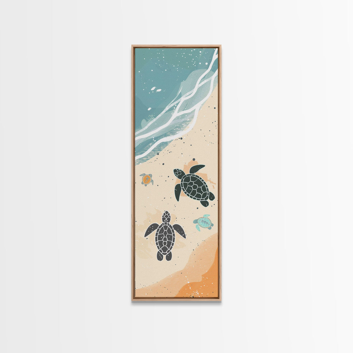 Sea Turtles On Japanese Beach Canvas Print, Ukiyo-e Woodblock Style, Framed Canvas Print, Tall Skinny Japanese Wall Art, Ready To Hang