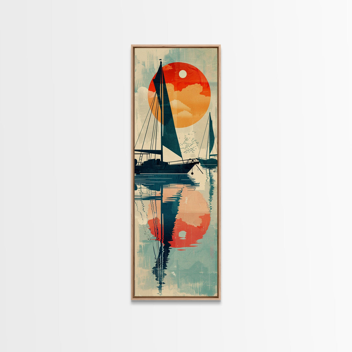 Serene Sunset Sailing Skinny Art Tall Art Japanese Ukiyo-e Inspired Ocean Framed Canvas Print for Home and Office Decor