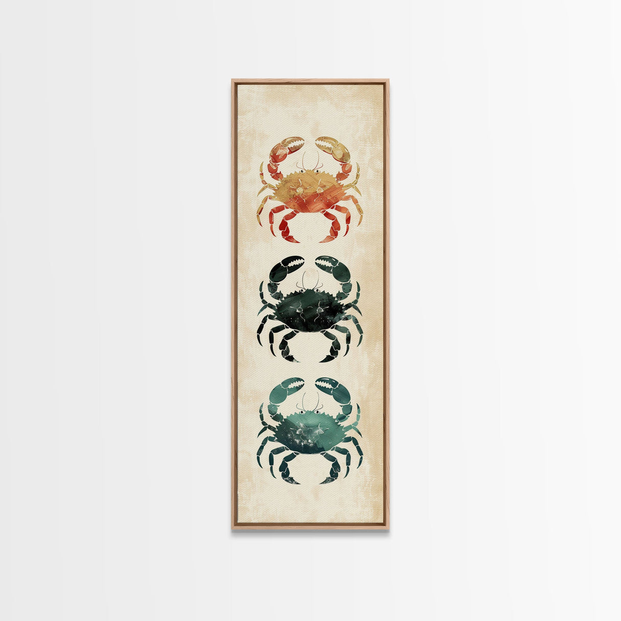 Coastal Crabs Skinny Art Tall Art Japanese Ukiyo-e Inspired Nautical Framed Canvas Print for Beach House or Ocean Lovers