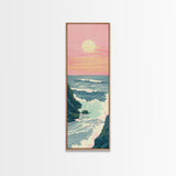 Tranquil Ocean Sunset with Soft Waves Crashing against Rocky Shoreline - Skinny Art, Japanese Wall Decor, Framed Canvas Print, Ukiyo-e Style