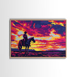 Pop Art Sunset Cowboy Painting Framed Canvas Print, Wild West Wall Art, Cowboy Print, Western Decor, Kitsch Whimsical Art