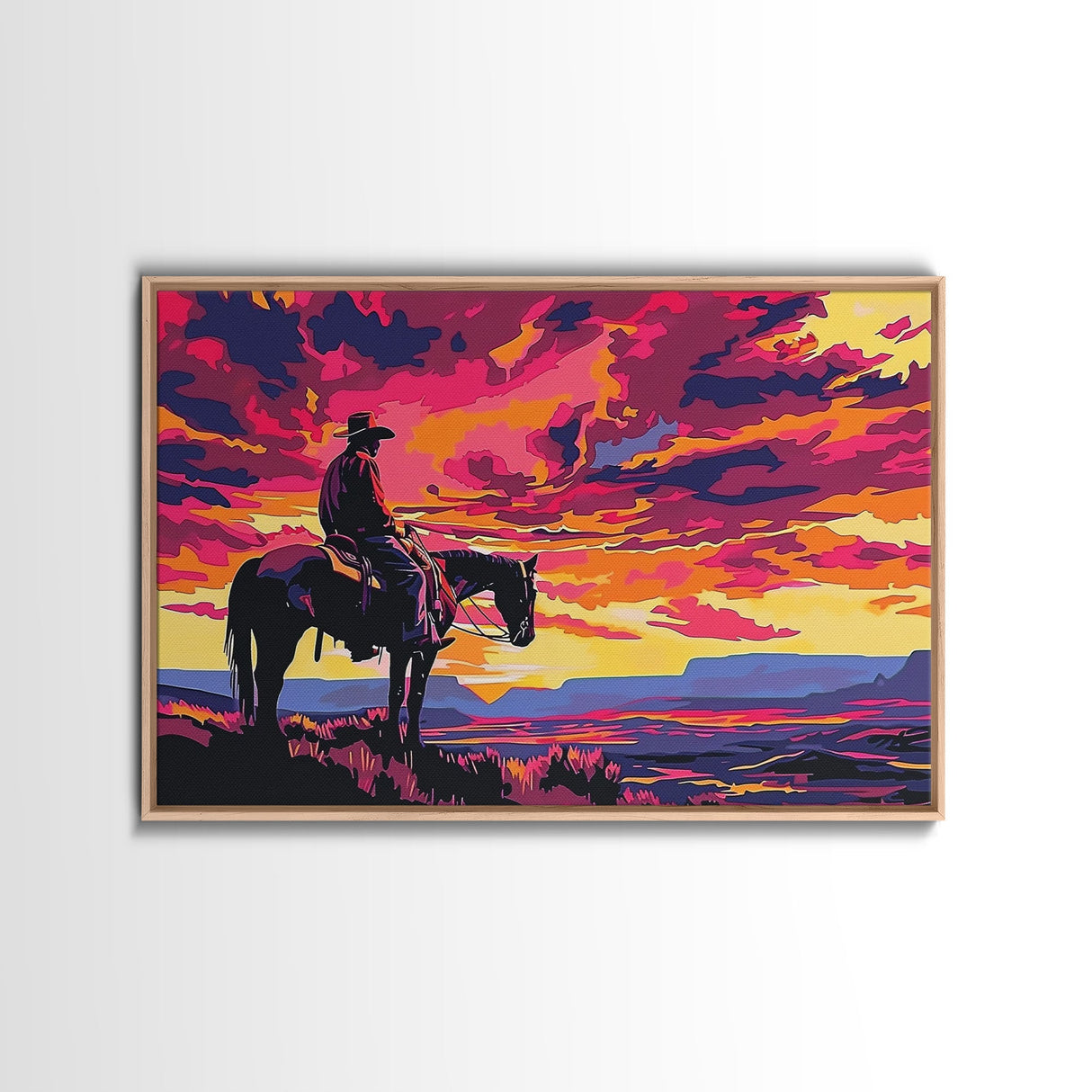 Wild West Cowboy At Sunset Framed Canvas Print, Pop Art, Watercolor Painting, Room Decor Western Aesthetic