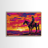 Wild West Cowboy At Sunset Framed Canvas Print, Pop Art, Watercolor Painting, Room Decor Western Aesthetic